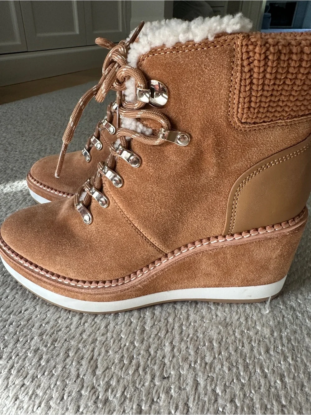 Kate Spade Tan Suede Shearling-Lined Wedge Boots - Picture 2 of 5